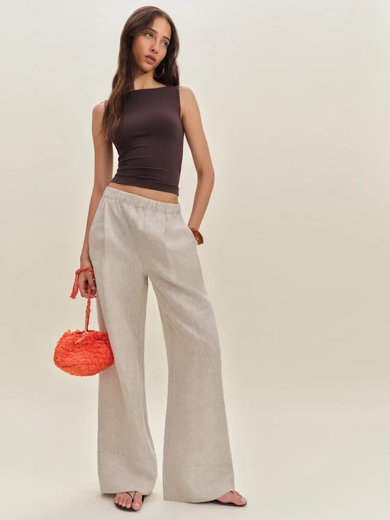 Reformation Pants - Reformation Fernando Linen Wide Leg Pant Oatmeal Elastic Waistband Size M Women
